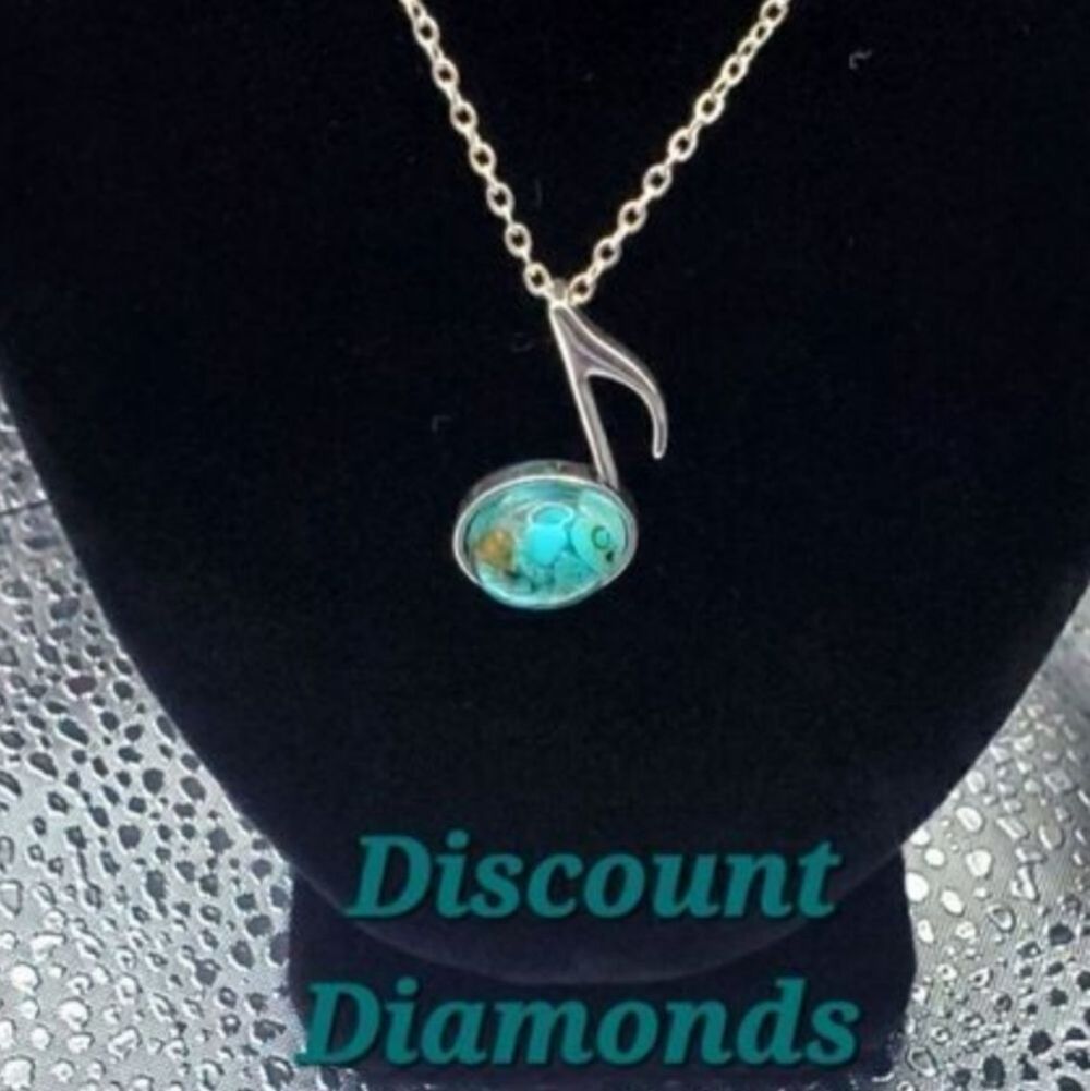 Oval Shaped Turquoise Music Note Shaped Pendant Necklace on 925 Stainless Steel